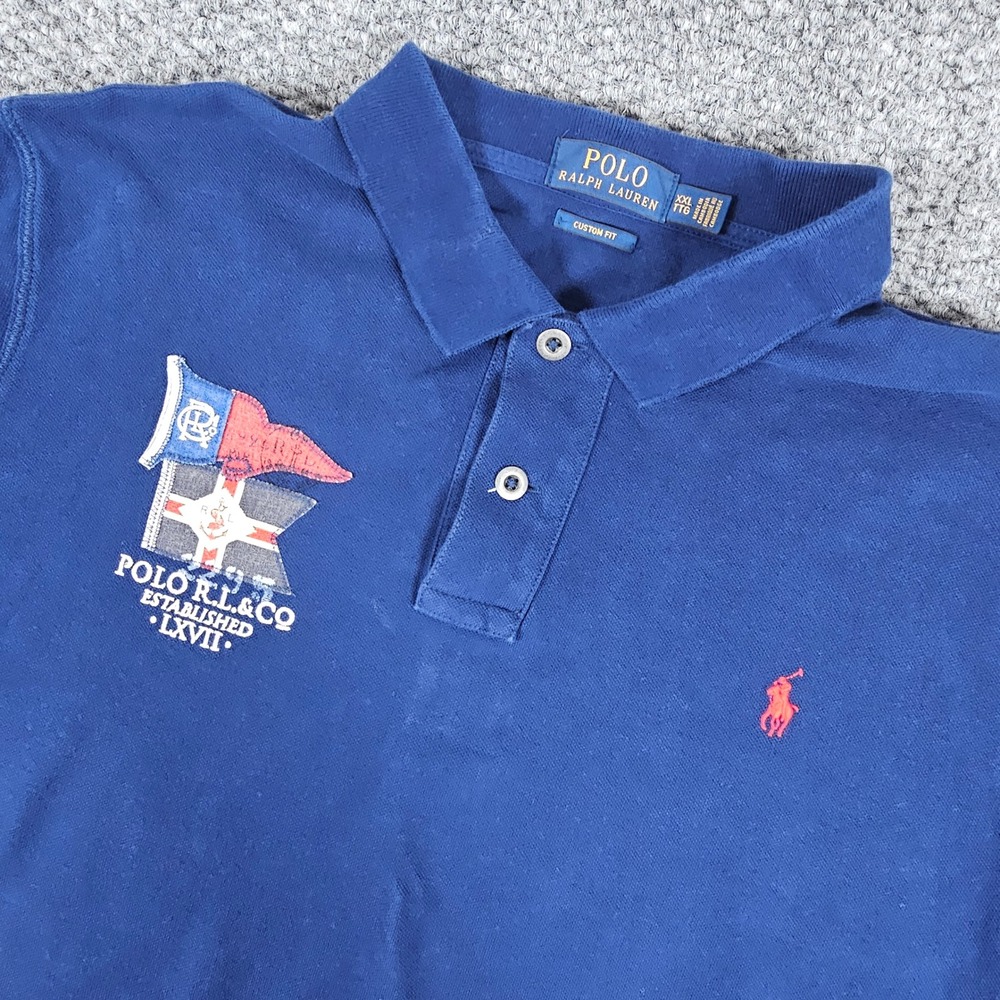 Polo Ralph‎ Lauren XXL Custom Fit Blue Polo Shirt Nautical Flags Large Logo